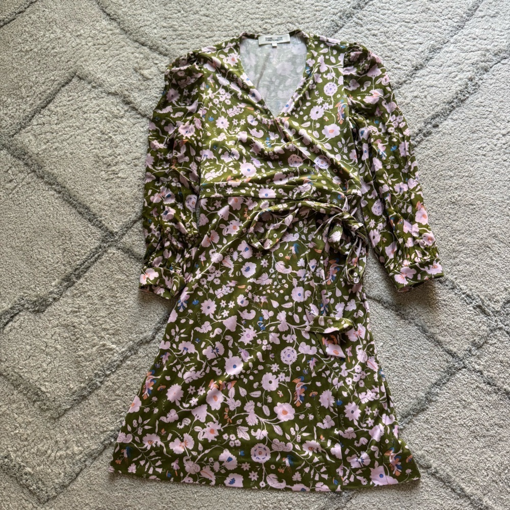 Diane von Furstenberg Gala Silk Jersey Mini Wrap Dress green pink large - Picture 2 of 16
